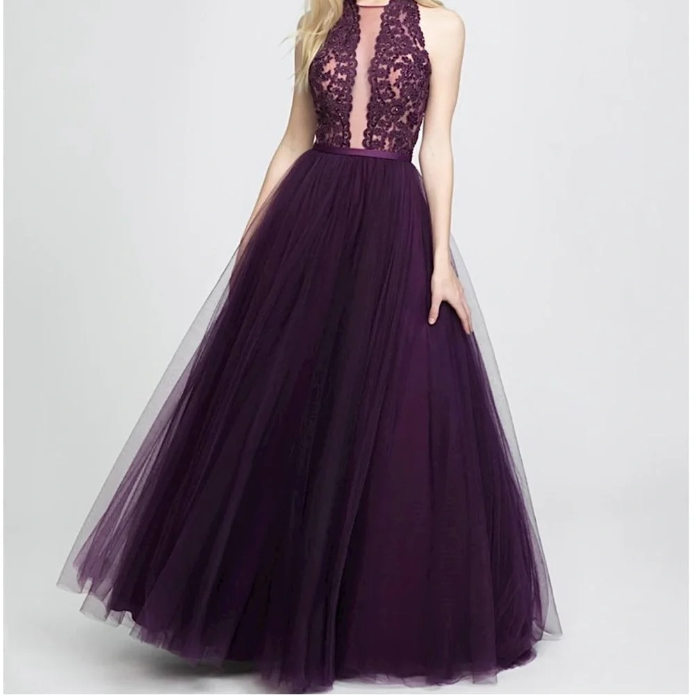MADISON JAMES Elegant Purple Floral Lace Maxi Formal Ball Gown - Picture 1 of 17